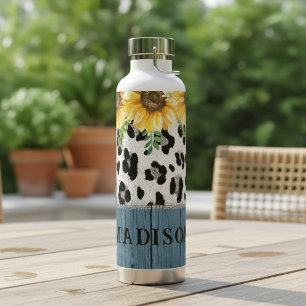 Sunflower Leopard Print Rustic Chic Name Water Bottle