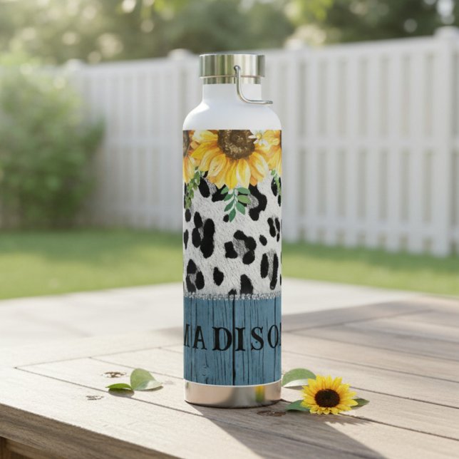 Sunflower Leopard Print Rustic Chic Name Water Bottle (Creator Uploaded)