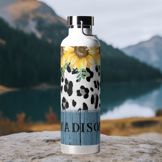 Sunflower Leopard Print Rustic Chic Name Water Bottle (Creator Uploaded)