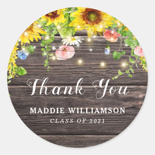 Sunflower Lights Barnwood Thank You Graduation Classic Round Sticker (Front)