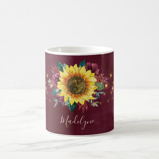 Sunflower Lights Burgundy Floral Monogram Coffee Mug (Center)