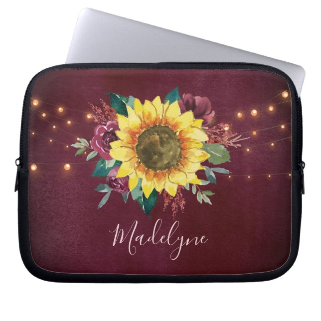 Sunflower Lights Floral Burgundy Watercolor Laptop Sleeve (Front)