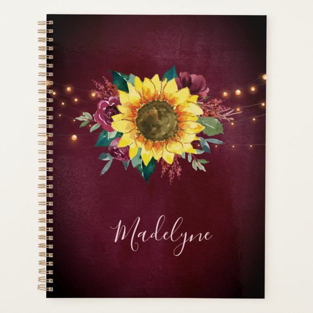 Sunflower Lights Floral Burgundy Watercolor Planner (Front)