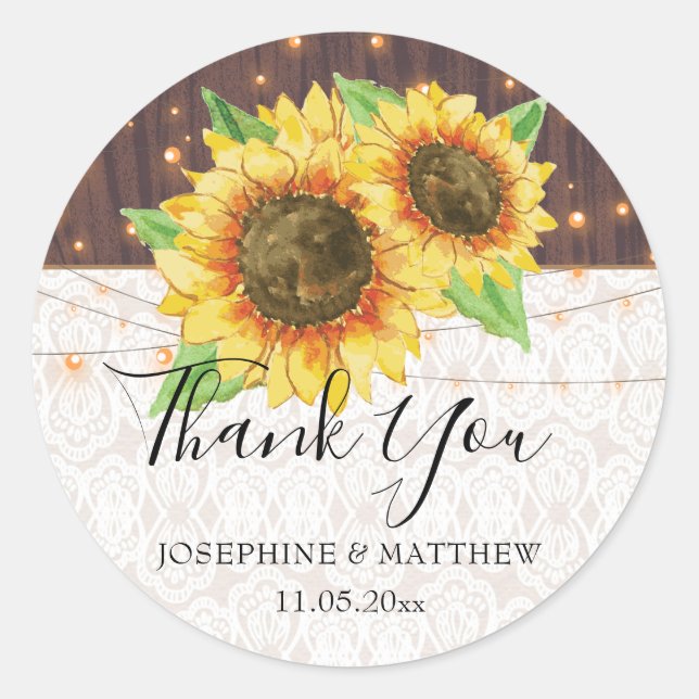 Sunflower Lights Lace Wood Wedding Thank You Classic Round Sticker (Front)