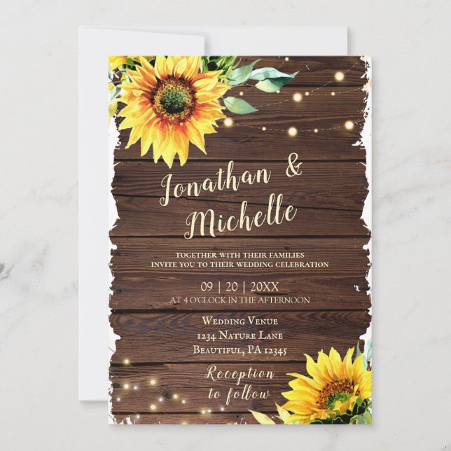 Sunflower Lights on Rustic Wood Christian Wedding Invitation (Front)