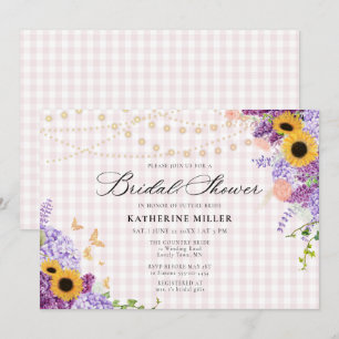 Sunflower Lilac Pink Gingham Rustic Bridal Shower Invitation