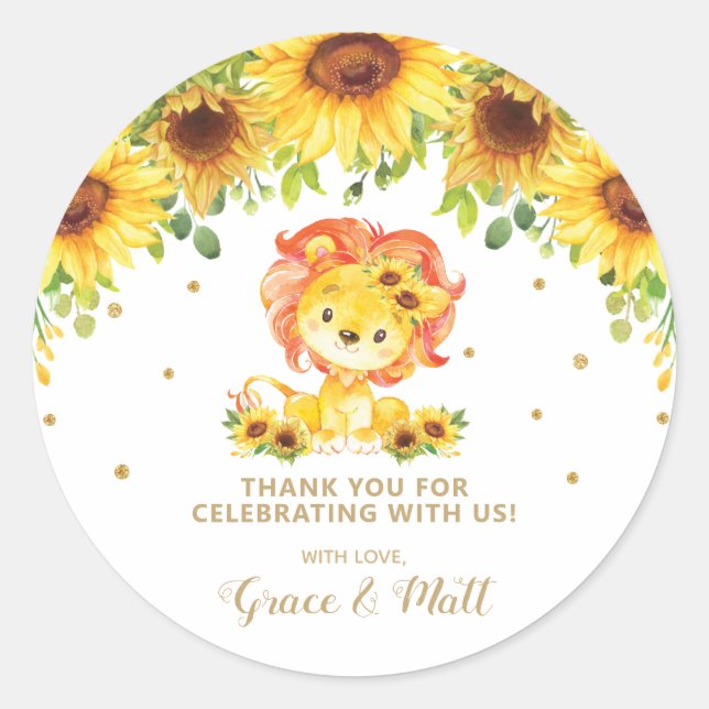 Sunflower Lion Baby Shower Thank You Gold Glitter Classic Round Sticker (Front)