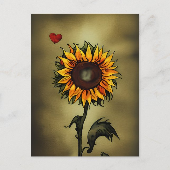 Sunflower Love | Watercolor Sunflower and Heart Postcard (Front)