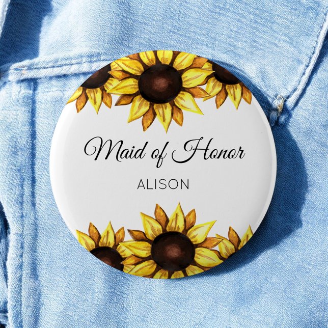 Sunflower Maid of Honour Floral Yellow White Butto 6 Cm Round Badge (Creator Uploaded)