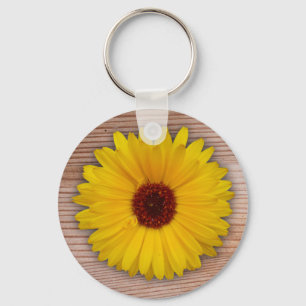 Sunflower Marigold on Rustic Wooden Boards Key Ring