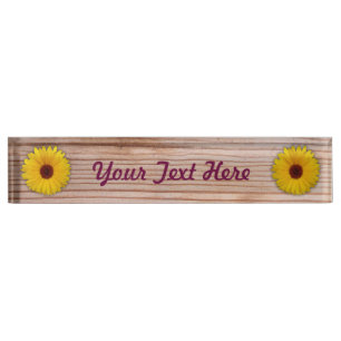 Sunflower Marigold on Rustic Wooden Boards Nameplate