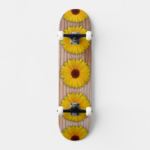 Sunflower Marigold on Rustic Wooden Boards Skateboard