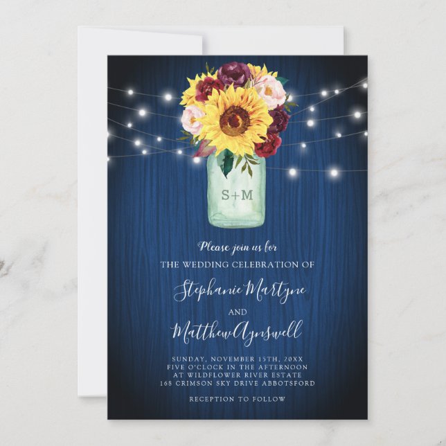 Sunflower Mason Jar Blue Wood Lights Wedding Invitation (Front)