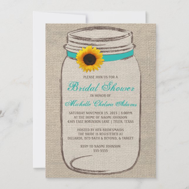 Sunflower Mason Jar Bridal Shower Invitation (Front)