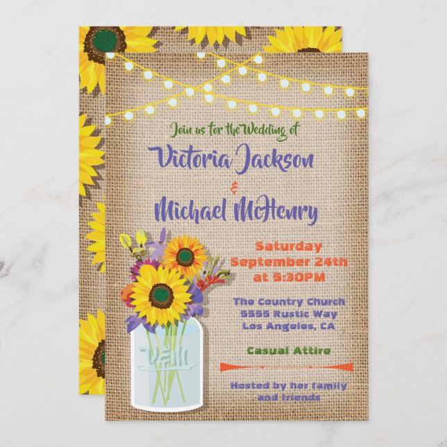Sunflower Mason Jar Burlap Wedding Invitations (Front/Back)