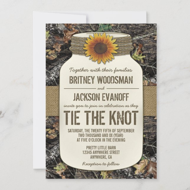 Sunflower Mason Jar Camo Wedding Invitations (Front)
