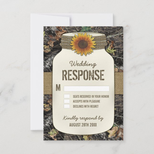 Sunflower Mason Jar Camo Wedding RSVP Cards (Front)