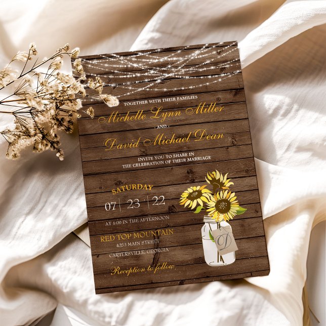Sunflower Mason Jar & Lights Wedding Invitation (Creator Uploaded)