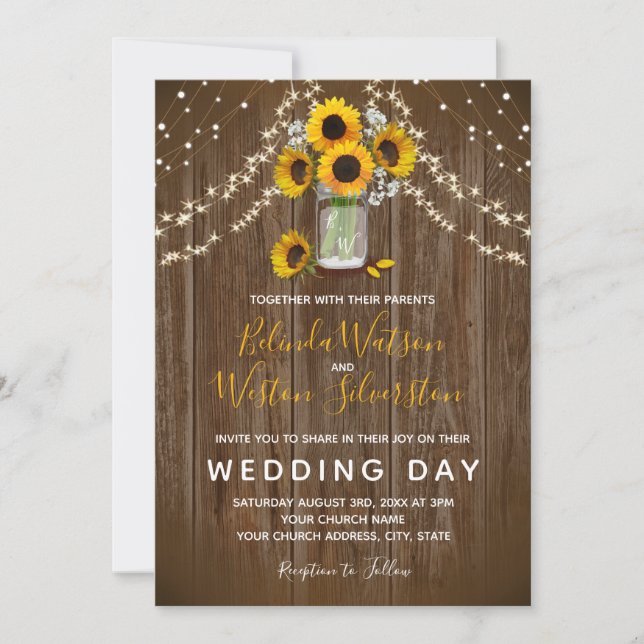 Sunflower Mason Jar Rustic Barn Wood Wedding Invitation (Front)