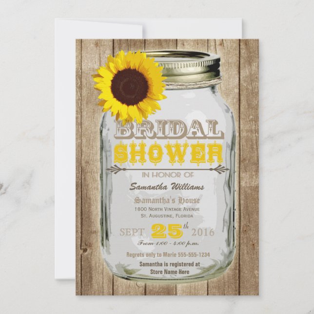 Sunflower Mason Jar Rustic Bridal Shower Invitation (Front)