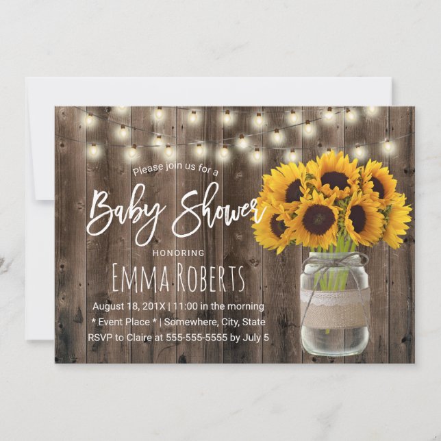 Sunflower Mason Jar Rustic Wood Baby Shower Invitation (Front)