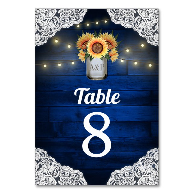 Sunflower Mason Jar Wedding Table Number Cards (Front)