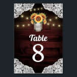 Sunflower Mason Jar Wedding Table Number Cards<br><div class="desc">Sunflower Mason Jar Wedding Table Number Cards - feature a deep red barn wood background trimmed with lace and decorated with warm coloured string twinkle lights. The design also features a bouquet of sunflowers inside a mason jar that you can customise the initials to those of your choice.</div>
