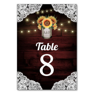 Sunflower Mason Jar Wedding Table Number Cards