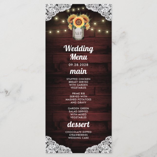 Sunflower Mason Jar Wood Lace Wedding Menu Cards (Front)