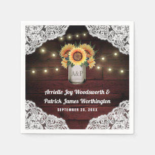 Sunflower Mason Jar Wood Lace Wedding Napkins