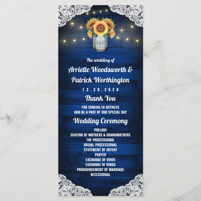 Sunflower Mason Jar Wood Lace Wedding Programs Programme (Front)