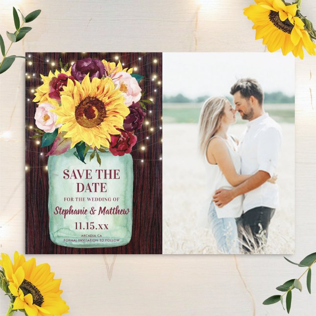 Sunflower Mason Jar Wood Lights Photo Wedding Save The Date (Creator Uploaded)