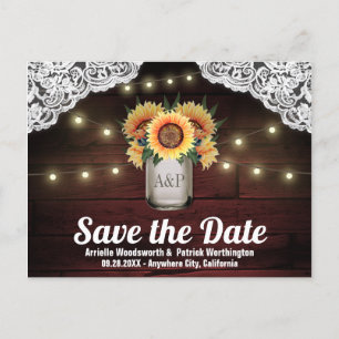 Sunflower Mason Jar Wood Save the Date Postcards