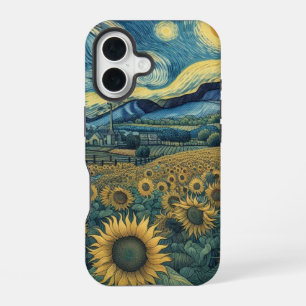 Sunflower Meadow in the Starry Night iPhone 16 Case