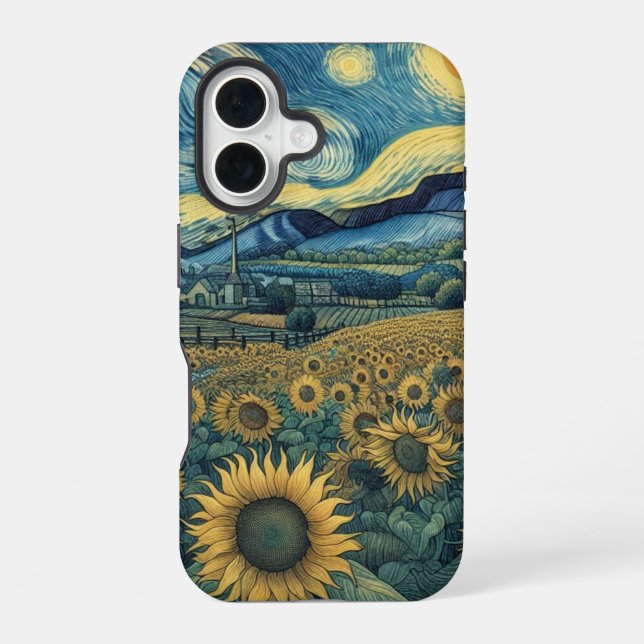 Sunflower Meadow in the Starry Night iPhone 16 Case (Back)
