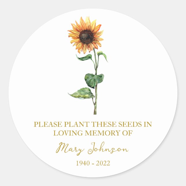 Sunflower Memorial Funeral Seed Packet Classic Round Sticker (Front)