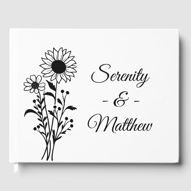 Sunflower Minimalist Black White Floral Wedding Guest Book (Front)
