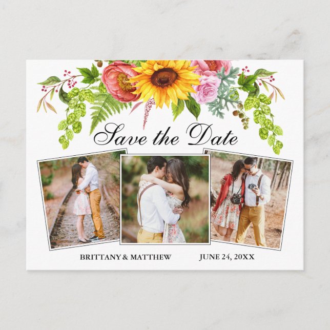 Sunflower Mixed Floral 3 Photo Save The Date Postcard (Front)