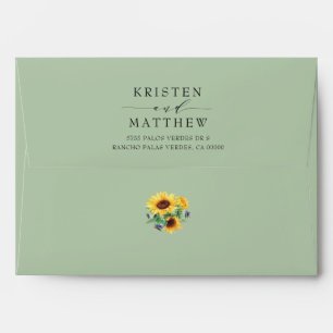 Sunflower Modern Watercolor Green Wedding Envelope