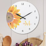 Sunflower Monogram<br><div class="desc">This cheerful wall clock is decorated with a yellow watercolor sunflower and monogram in stylish typography.
It is easily customisable and makes a great gift for a sunflower lover.
Original Watercolor © Michele Davies.</div>