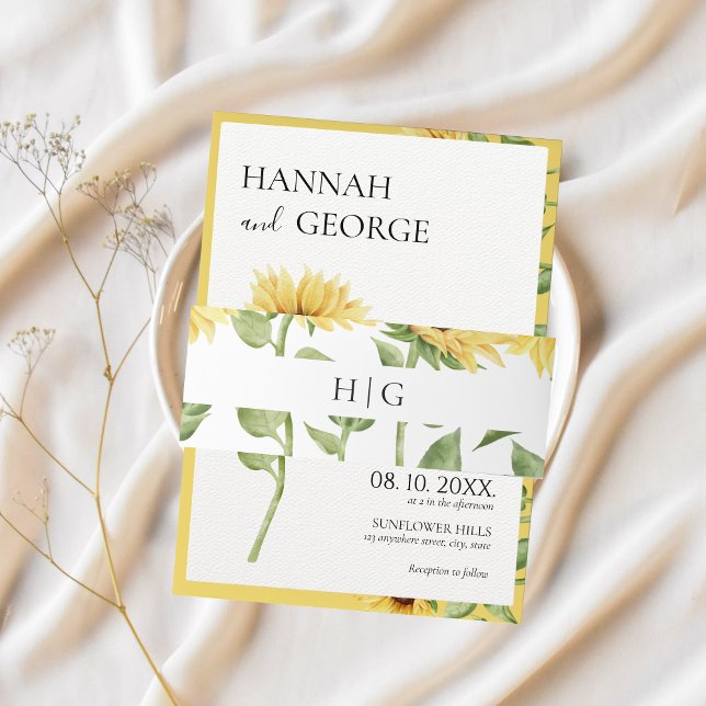 Sunflower Monogram Modern Barn Wedding Invitation Belly Band (sunflower belly band)