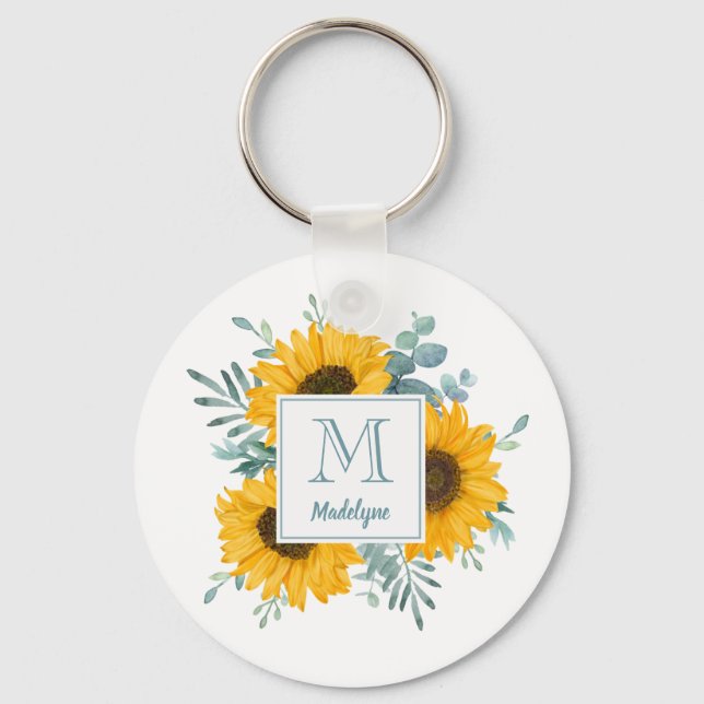 Sunflower Monogram Name Personalised Floral Key Ring (Front)