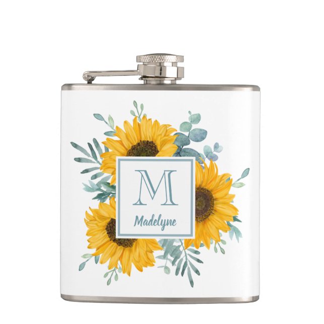 Sunflower Monogram Name Personalised Hip Flask (Front)