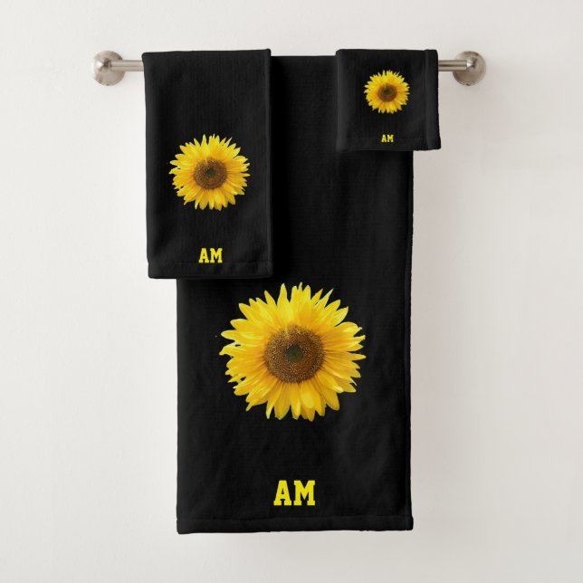 Sunflower & Monogram on Black Bath Towel Set (Insitu)