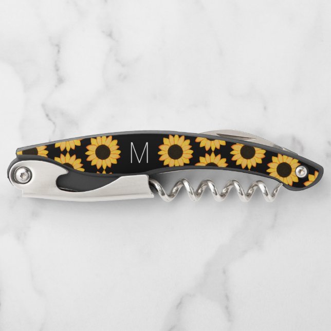 Sunflower Monogram Rustic Country Wedding Corkscrew (Front)
