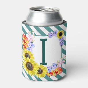 Sunflower Monogram Teal Stripes Can Cooler