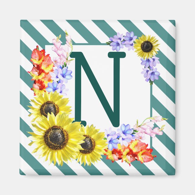 Sunflower Monogram Teal Stripes Magnet (Front)