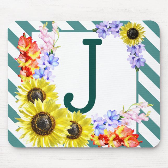 Sunflower Monogram Teal Stripes Mouse Pad (Front)