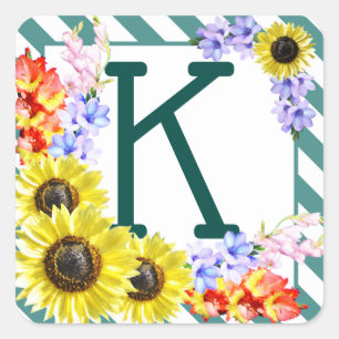 Sunflower Monogram Teal Stripes Square Sticker