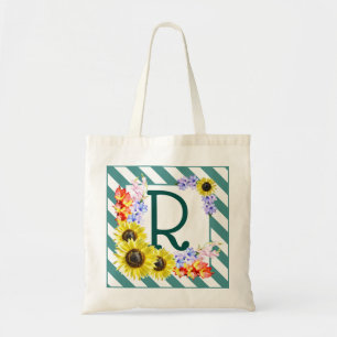 Sunflower Monogram Teal Stripes Tote Bag